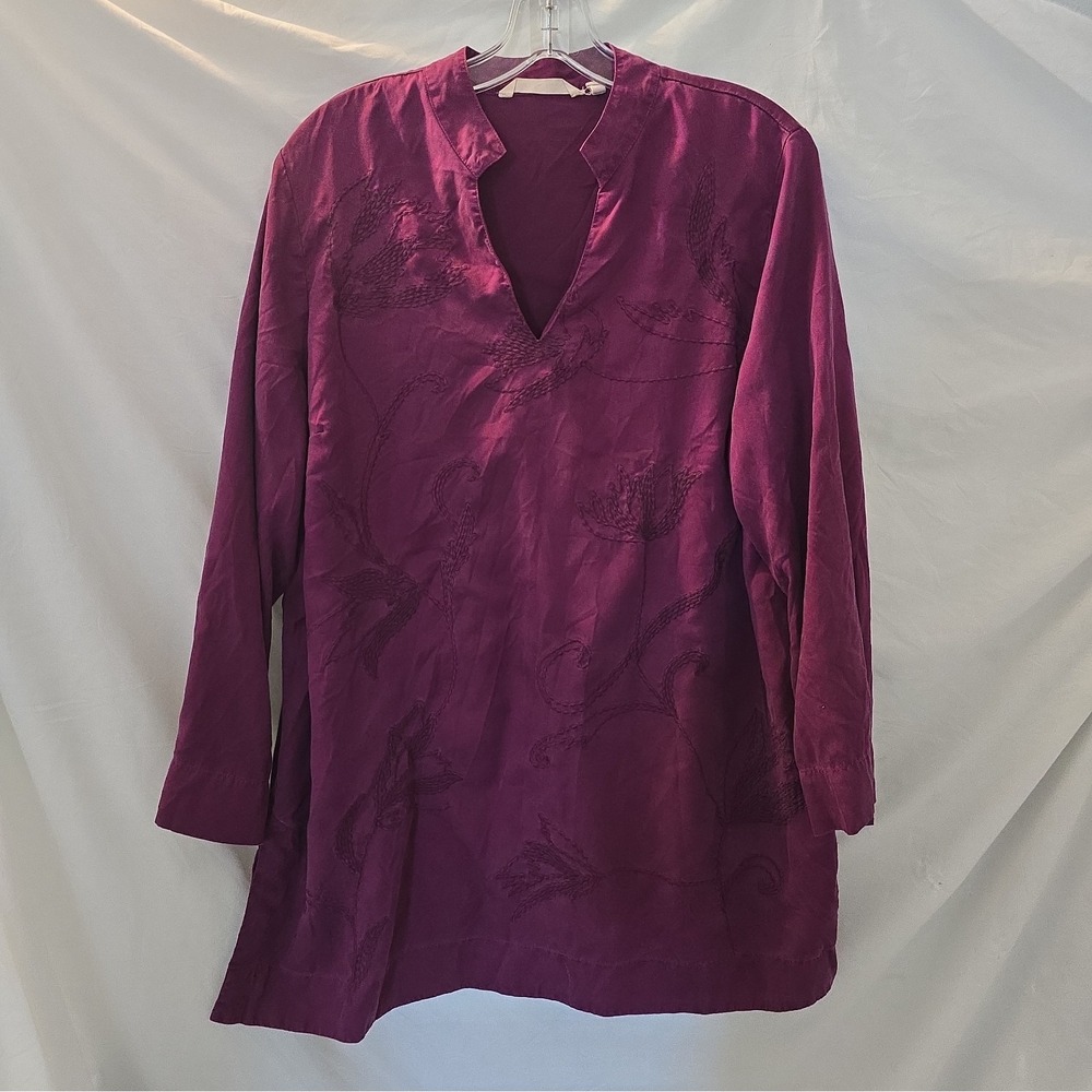 Soft Surroundings 100% Lyocell Long Sleeve Purple Tunic W/floral Embroidery Sz L